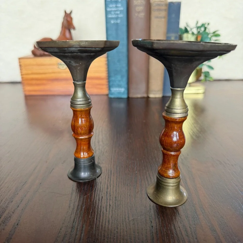 Vintage Brass & Wood Candlesticks Pair